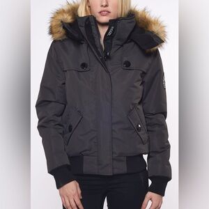 BARNEYS NEW YORK BLACK SIZE S WARM Fur Hood Bomber Jacket coat very warm pockets